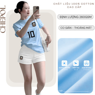 Bộ Áo Thun Nữ CHEPOL Form Rộng, Cổ Tròn, Phối Chân Váy, In Số 10, Chất Cotton(Áo Phông Xanh Biển+Quần Đùi Trắng)CP_22686