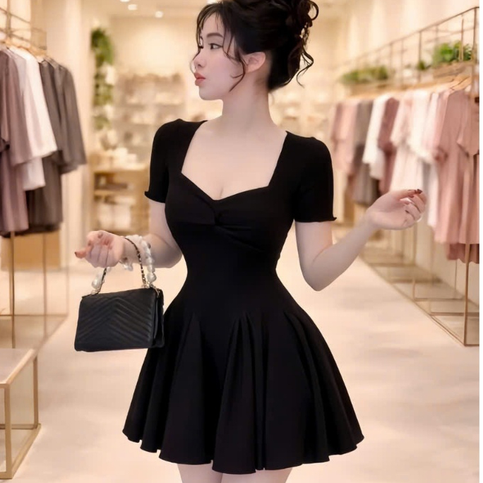 Đầm tay ngắn xoắn ngực ,tùng xòe dáng ngắn , chất thun tăm kèm quần rời thời trang