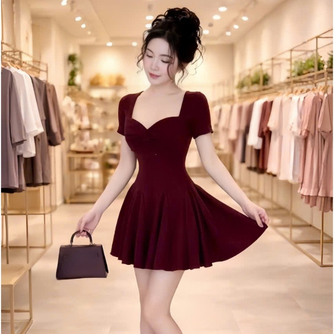 Đầm tay ngắn xoắn ngực ,tùng xòe dáng ngắn , chất thun tăm kèm quần rời thời trang
