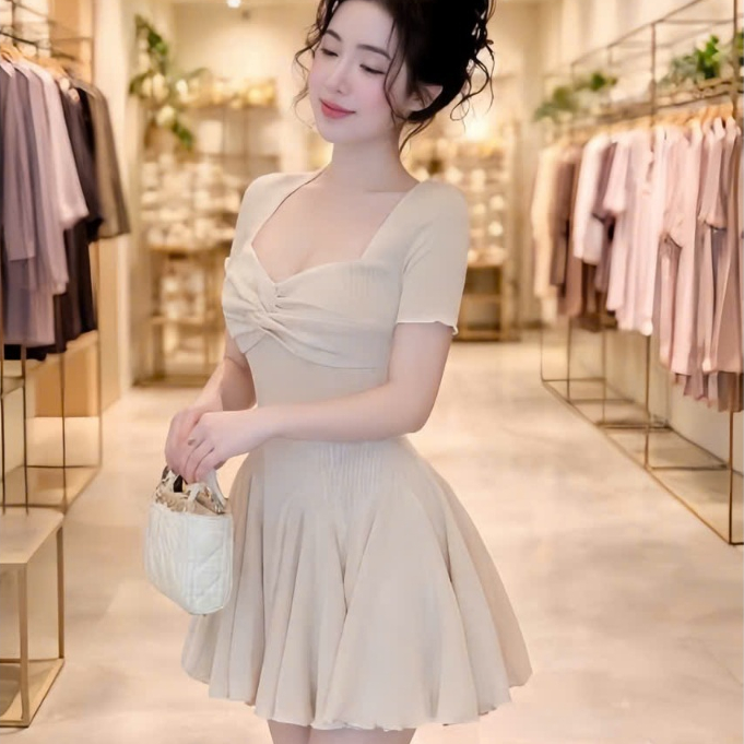 Đầm tay ngắn xoắn ngực ,tùng xòe dáng ngắn , chất thun tăm kèm quần rời thời trang
