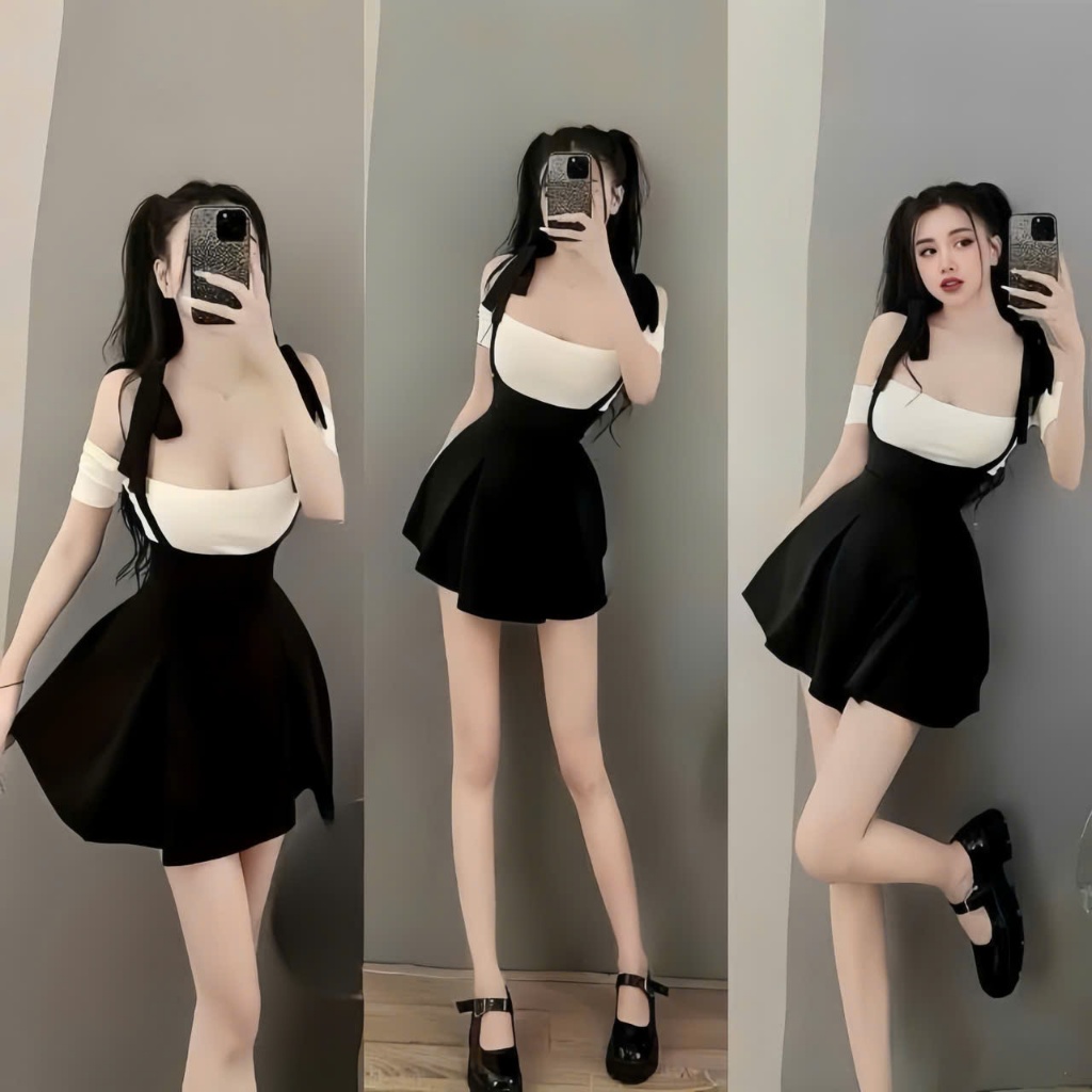 Sét áo thun trắng bẹt vai phối yếm dây đen cột nơ dáng ngắn ,chất thun gân thời trang