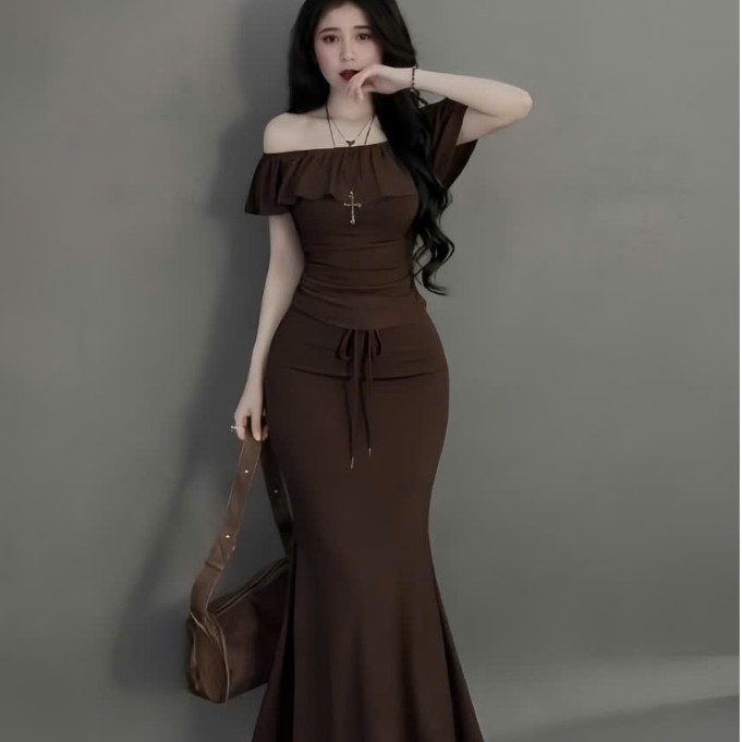 Sét áo bèo bẹt vai +chân váy đuôi cá dáng dài ,chất thun Ladong thời trang