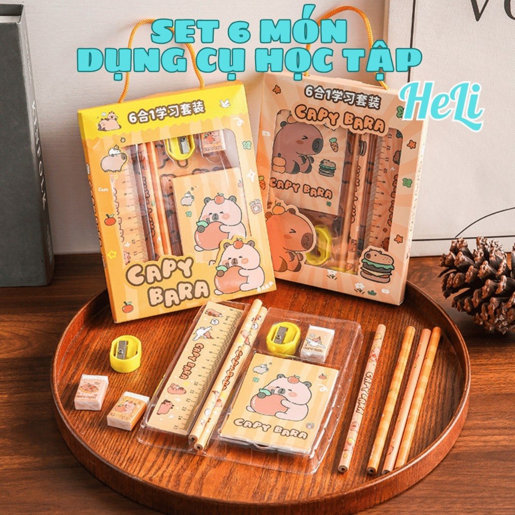 HC0377 BỘ 6 MÓN DỤNG CỤ HỌC TẬP HÌNH CAPYBARA CÓ QUAI XÁCH PHÙ HỢP LÀM QUÀ TẶNG HỌC SINH