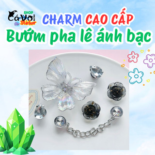 Set Charm Bướm Pha Lê Ánh Bạc Sang Trọng – Hoa Đen Huyền Bí Kèm Đá Lấp Lánh Phong Cách Luxury Cao Cấp