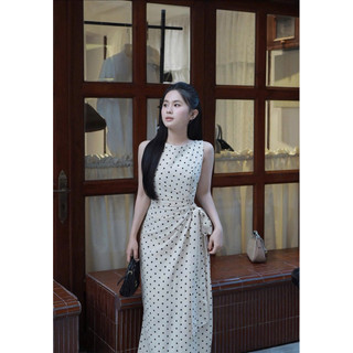 Váy Đầm Cổ Tròn Sát Nách Buộc Dây Eo Ôm Body Dáng Dài Chấm Bi