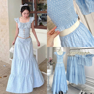SEP House - Set xanh chấm bi áo dáng crop mocking lưng đính nơ cúc bọc bo chun phối chân váy midi dáng dài xoè tầng nữ
