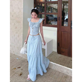 SEP House - Set xanh chấm bi áo dáng crop mocking lưng đính nơ cúc bọc bo chun phối chân váy midi dáng dài xoè tầng nữ
