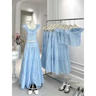 SEP House - Set xanh chấm bi áo dáng crop mocking lưng đính nơ cúc bọc bo chun phối chân váy midi dáng dài xoè tầng nữ