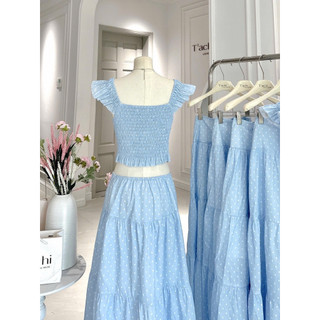 SEP House - Set xanh chấm bi áo dáng crop mocking lưng đính nơ cúc bọc bo chun phối chân váy midi dáng dài xoè tầng nữ