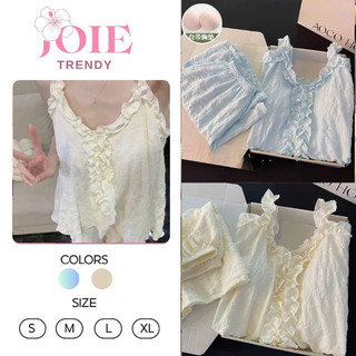 Bộ đồ ngủ nữ JOIE TRENDY babydoll giấu bụng, Bộ ngủ 2 dây quần đùi chất đũi xốp viền cổ bèo có sẵn mút ngực