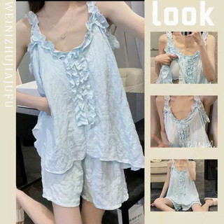 Bộ đồ ngủ nữ JOIE TRENDY babydoll giấu bụng, Bộ ngủ 2 dây quần đùi chất đũi xốp viền cổ bèo có sẵn mút ngực