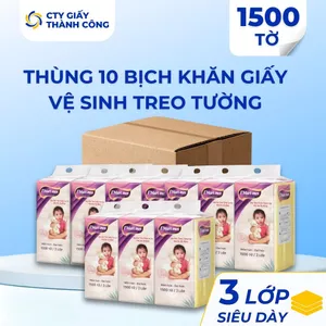 Thùng 10 Bịch Khăn Giấy Rút Treo Tường E’Mart Mos 1500 Tờ 3 Lớp Cty Giấy Thành Công (Tặng Kèm Móc Treo)