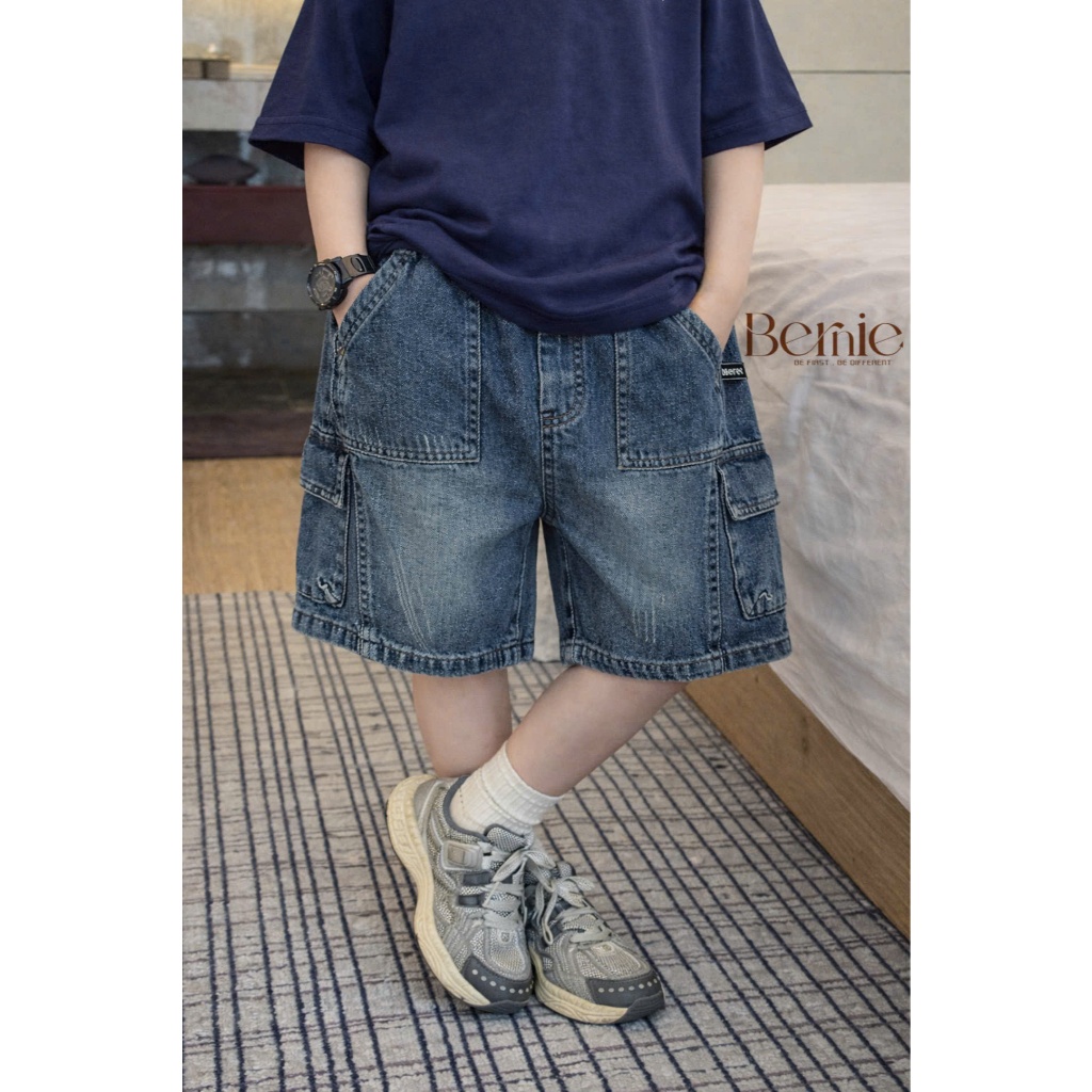 Quần short Jean túi hộp Bernie kiểu dáng năng động phối quần cạp chun co giãn cho bé trai 9-28kg