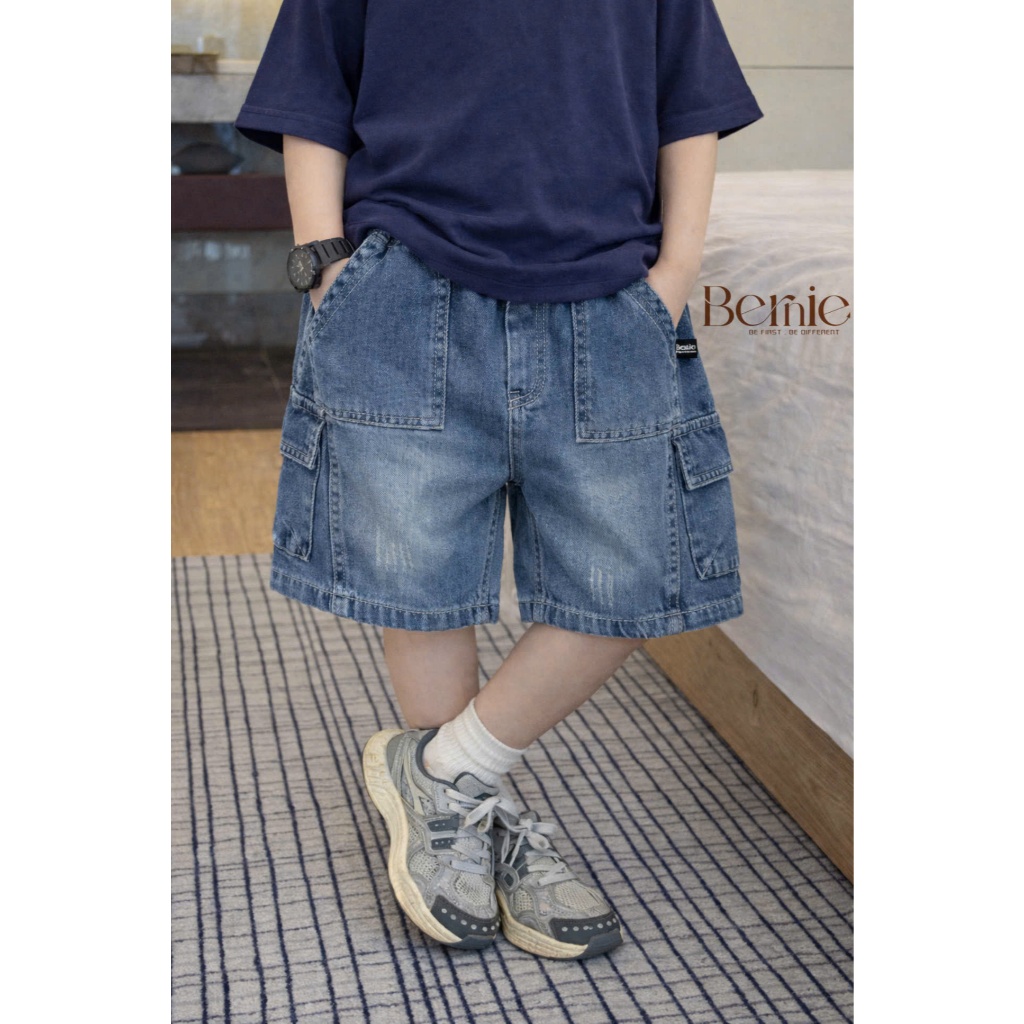 Quần short Jean túi hộp Bernie kiểu dáng năng động phối quần cạp chun co giãn cho bé trai 9-28kg