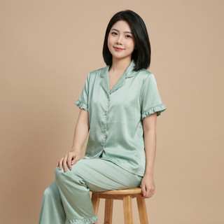 Đồ Bộ Nữ Lụa Cước Ánh Kim Dài Tay Ngắn Quần Dài Viền Bèo Mặc Nhà Cao Cấp Dịu Mát C07