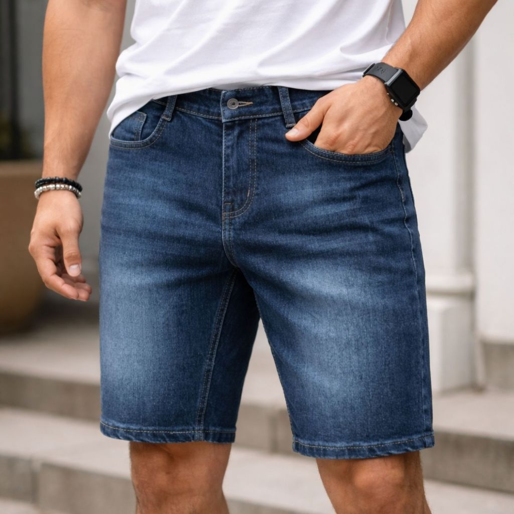 Quần Short Jean Nam Co Giãn 4 Chiều, Xanh Đậm Wash Sáng, Form Slimfit Trẻ Trung | BigBuy360 - bigbuy360.vn