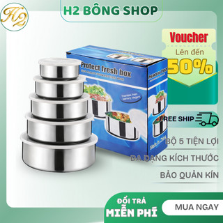 Bộ 5 Hộp Lạnh Tròn Inox Đủ Size Lớn Bé Tiện Dụng, Bảo Quản Kín Thức Ăn