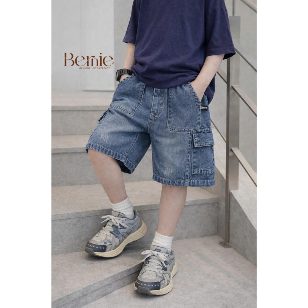 Quần short Jean túi hộp Bernie kiểu dáng năng động phối quần cạp chun co giãn cho bé trai 9-28kg