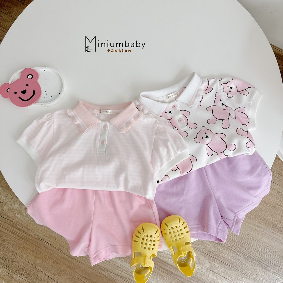 Set bộ cộc tay bé gái Miniumbaby dáng polo cổ bèo mix hình xinh xắn, chất vải cotton mềm mịn SB2721
