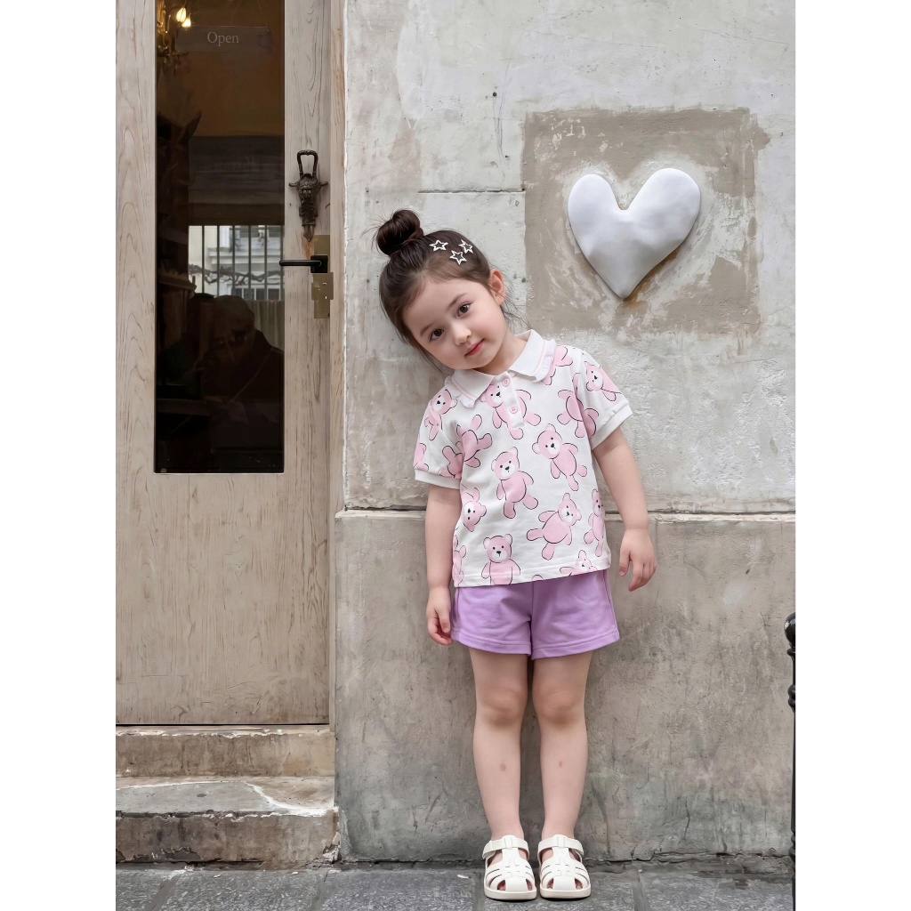 Set bộ cộc tay bé gái Miniumbaby dáng polo cổ bèo mix hình xinh xắn, chất vải cotton mềm mịn SB2721