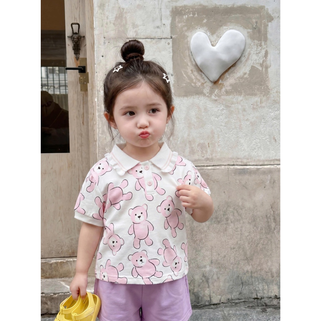 Set bộ cộc tay bé gái Miniumbaby dáng polo cổ bèo mix hình xinh xắn, chất vải cotton mềm mịn SB2721
