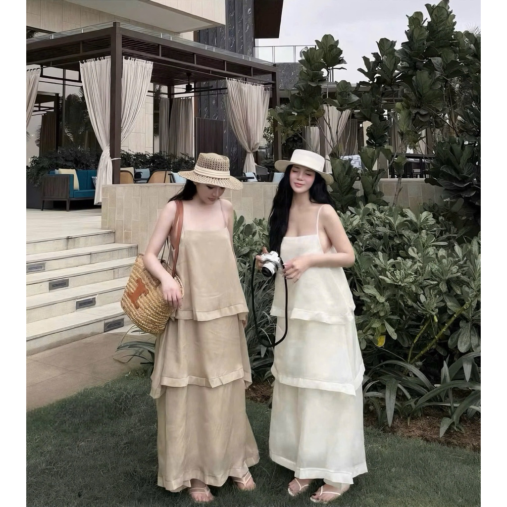 Váy Tơ Lụa Bèo Tiểu Thư Đi Chơi Đi Biển, Váy Maxi Tơ Lụa Dáng Xuông Nhiều Tầng Tiểu Thư