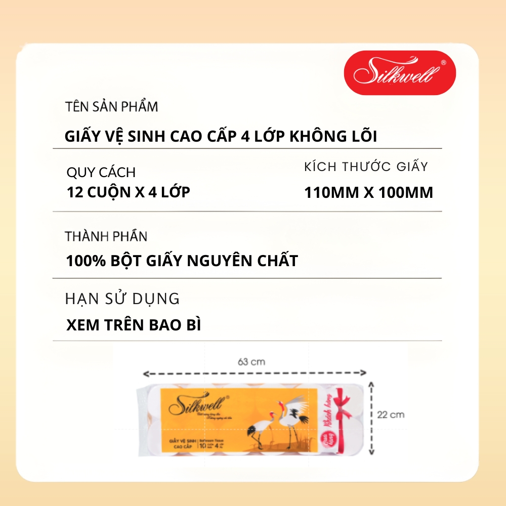 [HỎA TỐC] Giấy Vệ Sinh Silkwell Combo 3 Dây Sếu 12 Cuộn/4 Lớp CÓ LÕI - Dai Mềm Mịn Tan Nhanh Trong Nước