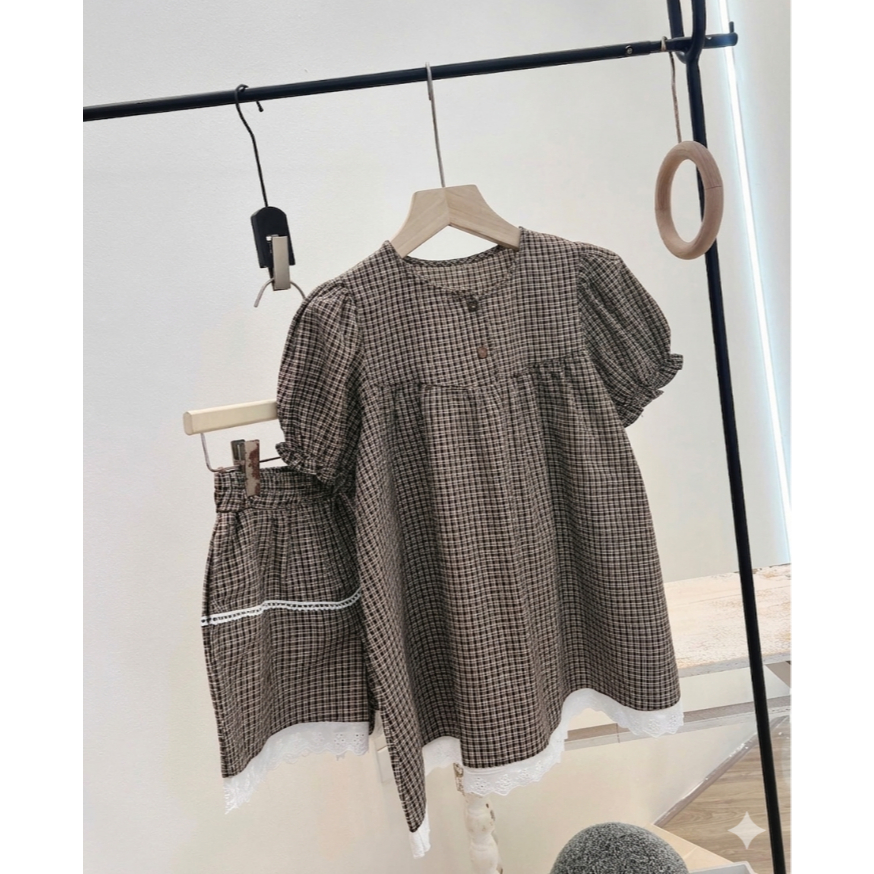Set thô kẻ áo babydoll phối viền ren kèm quần cạp chun siêu xinh LABEL S66