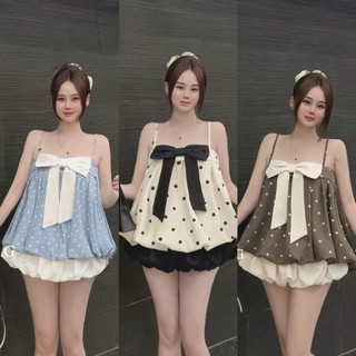 Sét Áo Hai Dây Chấm Bi Kèm Chân Váy Dáng Bí