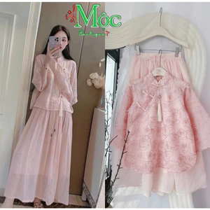 QC_ Set váy dài, đồ nữ diện Tết đi chơi đi chùa áo cổ tàu Ren hoa hồng kim tuyến kèm váy dài Tơ