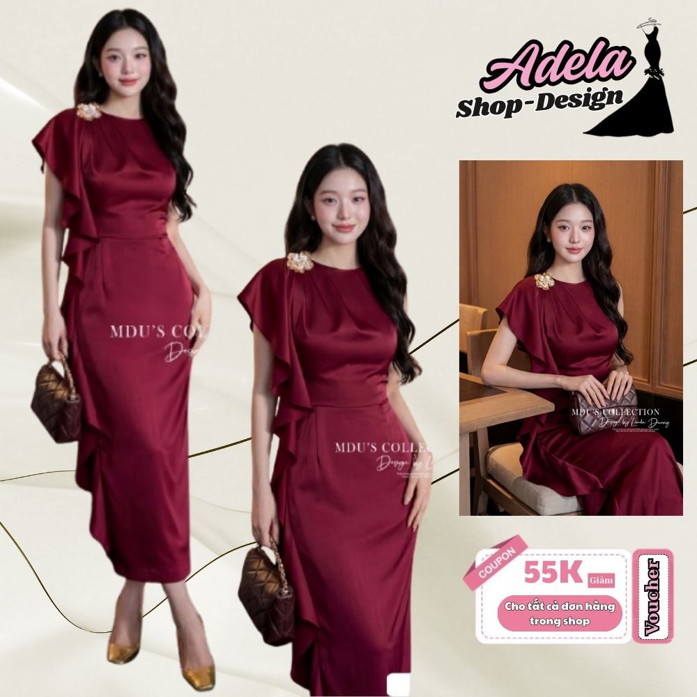 Váy Thiết Kế ADELA DESIGN Lụa Twist Satin Cao Cấp Dáng Ôm Vai Cách Điệu Đính Phụ Kiện Thanh Lịch MDU5994