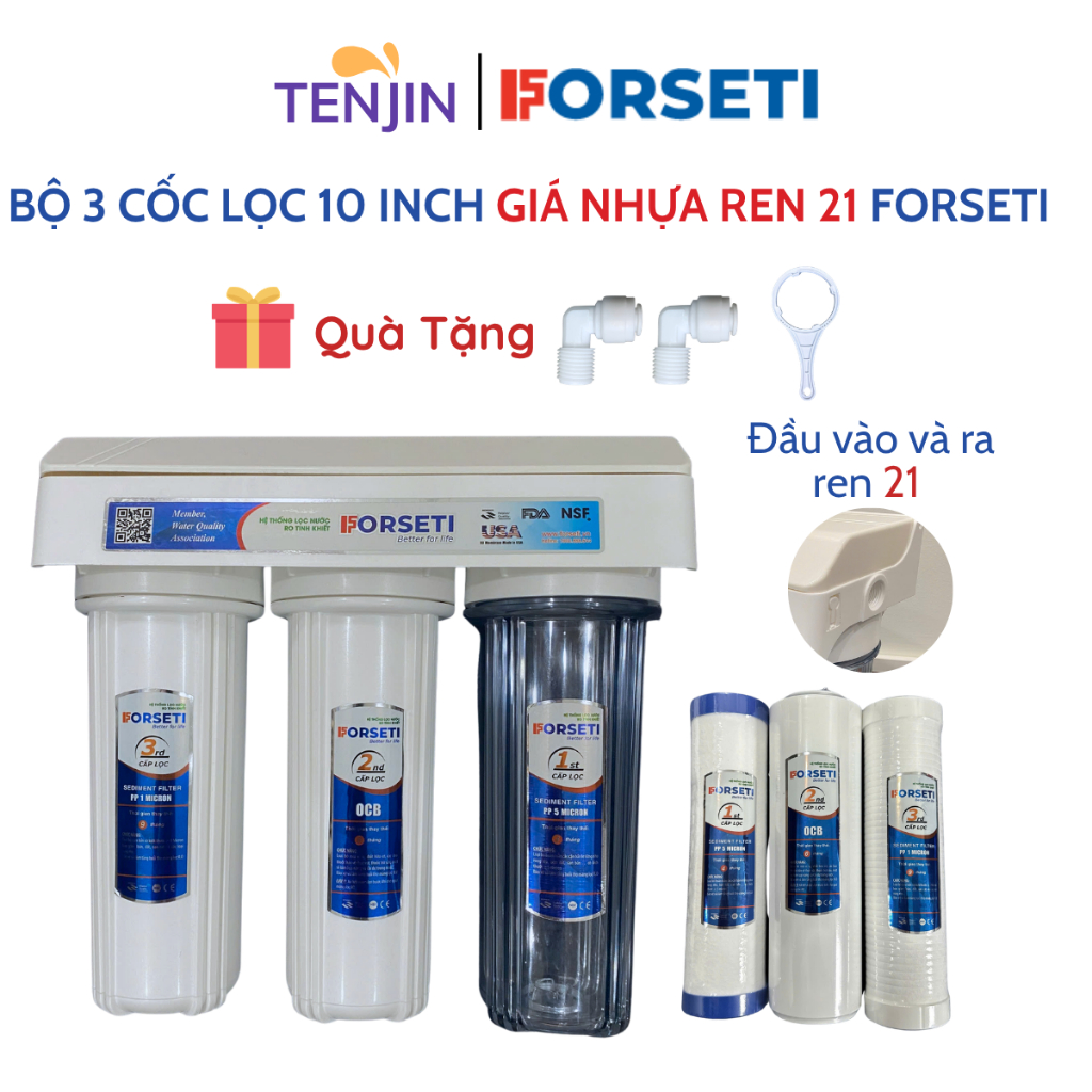Bộ 3 Cốc Lọc Đầu Nguồn FORSETI 10 inch Lắp Sẵn Kèm Gông Tháo Lăp Dùng Lọc Nước Sinh Hoạt, Lọc Trước Máy Ion Kiềm