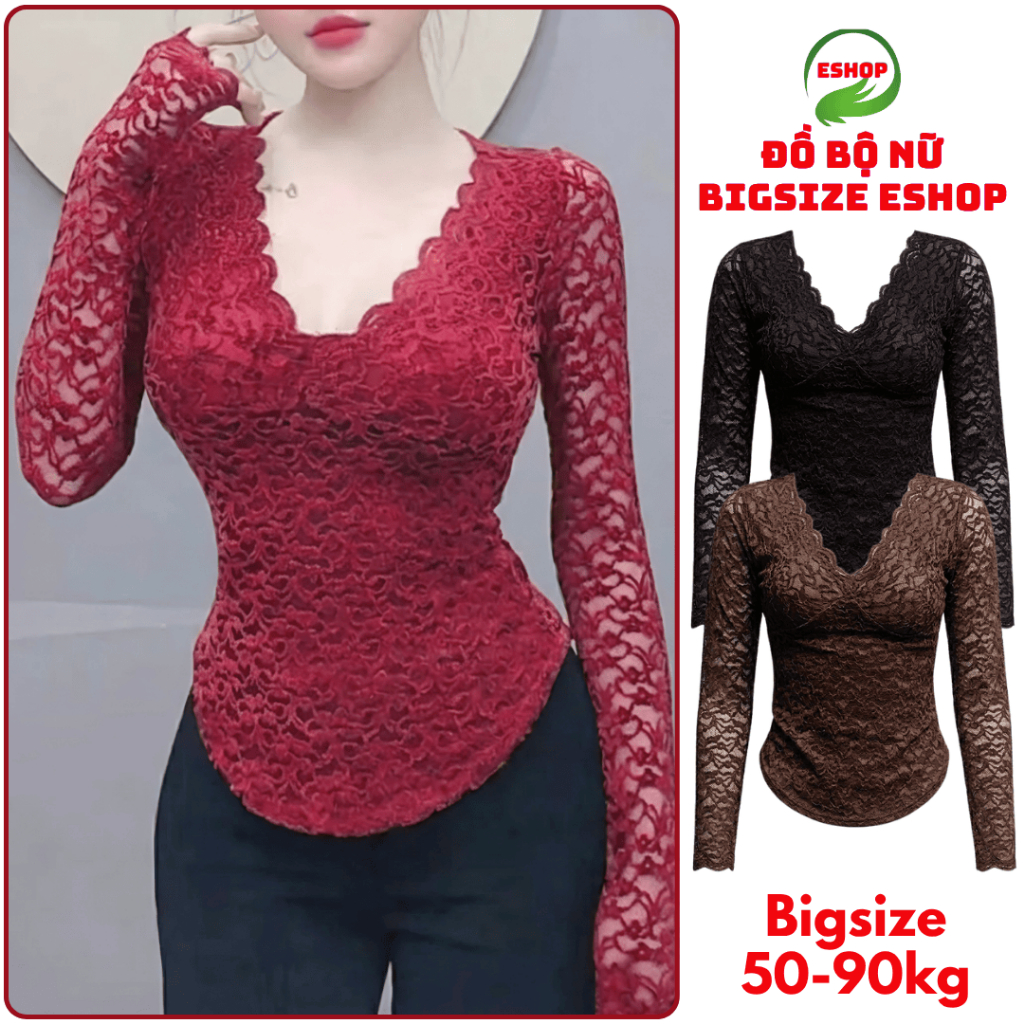 Áo Thun Nữ Tay Dài Bigsize Ren Lưới Cổ V Ôm Body Thời Trang Hot Trend Đẹp Dễ Thương ESHOP MS273