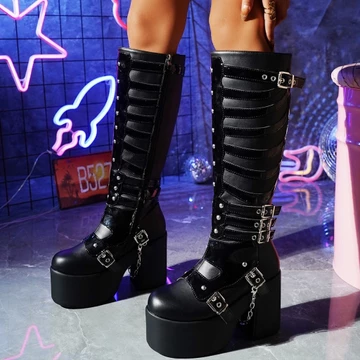 Giày dép phụ nữ Cosplay phụ nữ cao gót nền tảng Wedges phụ nữ cao giày dép Gothic Buckle dây đai ống dài da nữ Botas Muj