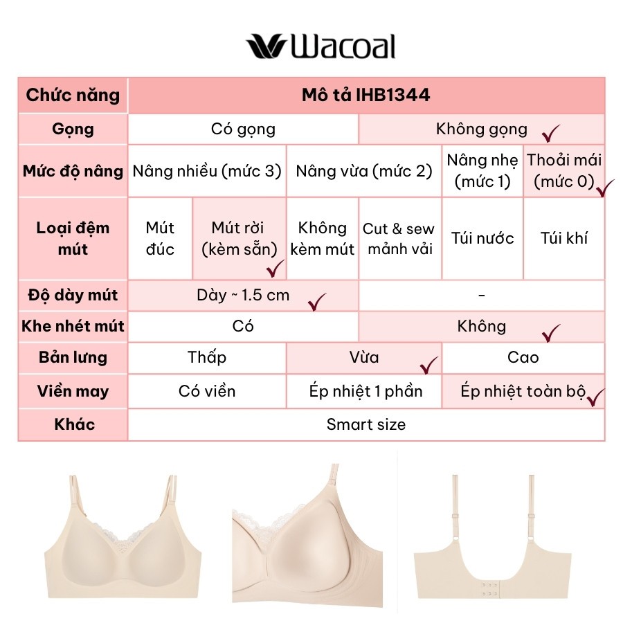 Áo lót Wacoal IHB1344 không gọng, nâng nhẹ không viền mút mỏng smart size - HB1344
