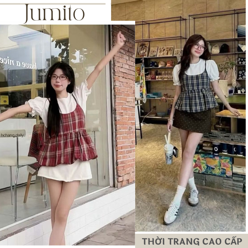 Set áo nữ 2 lớp áo thun tay phồng phối áo caro, bộ áo nữ phong cách Hàn JUMITO HCOM27217