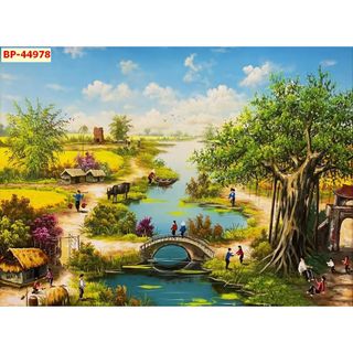 Tranh Dán Tường 3D Đồng Quê Ruộng Lúa Chín Thơm, mùa gặt tại các làng quê nông thôn