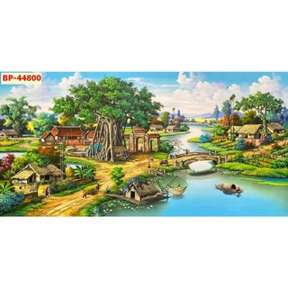 Tranh Dán Tường 3D Đồng Quê Ruộng Lúa Chín Thơm, mùa gặt tại các làng quê nông thôn