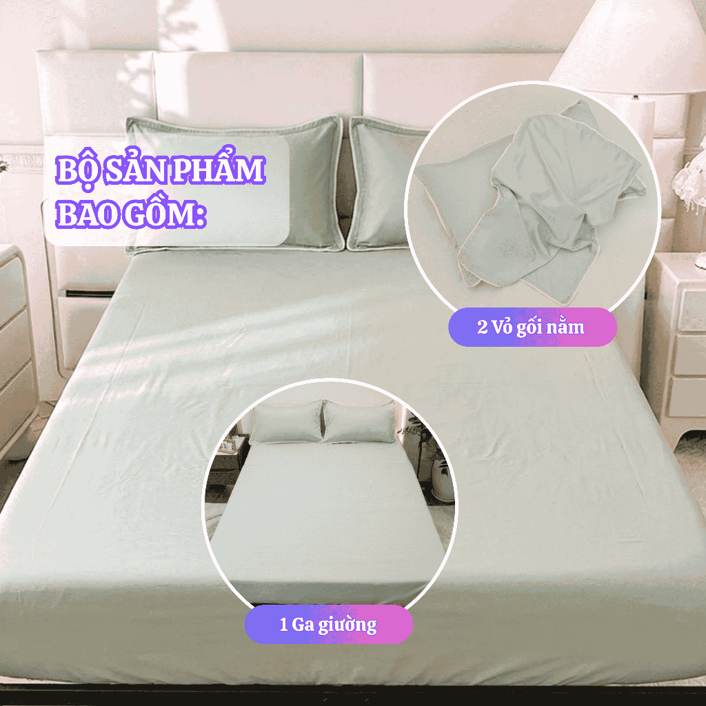Set Ga Gối 3 Món Lụa Thái Trơn Cao Cấp , 1 ga trải giường  + 2 vỏ gối nằm 45x65cm