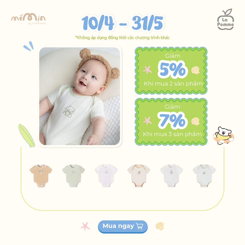 Set 2 Body chip cộc tay Mềm Mịn by La Pomme sắc màu dễ thương - Sợi Petit Soyeu thoáng mát – Bé trai/gái - 0M - 9M