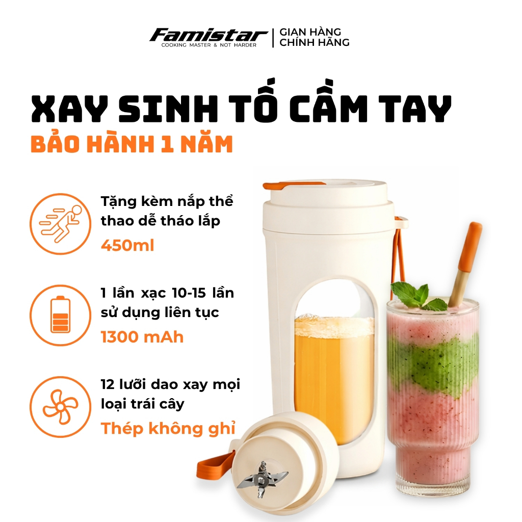 Máy xay sinh tố cầm tay 40W 12 lưỡi dao inox FAMISTAR, máy xay sinh tố 450ml, xay đá XST