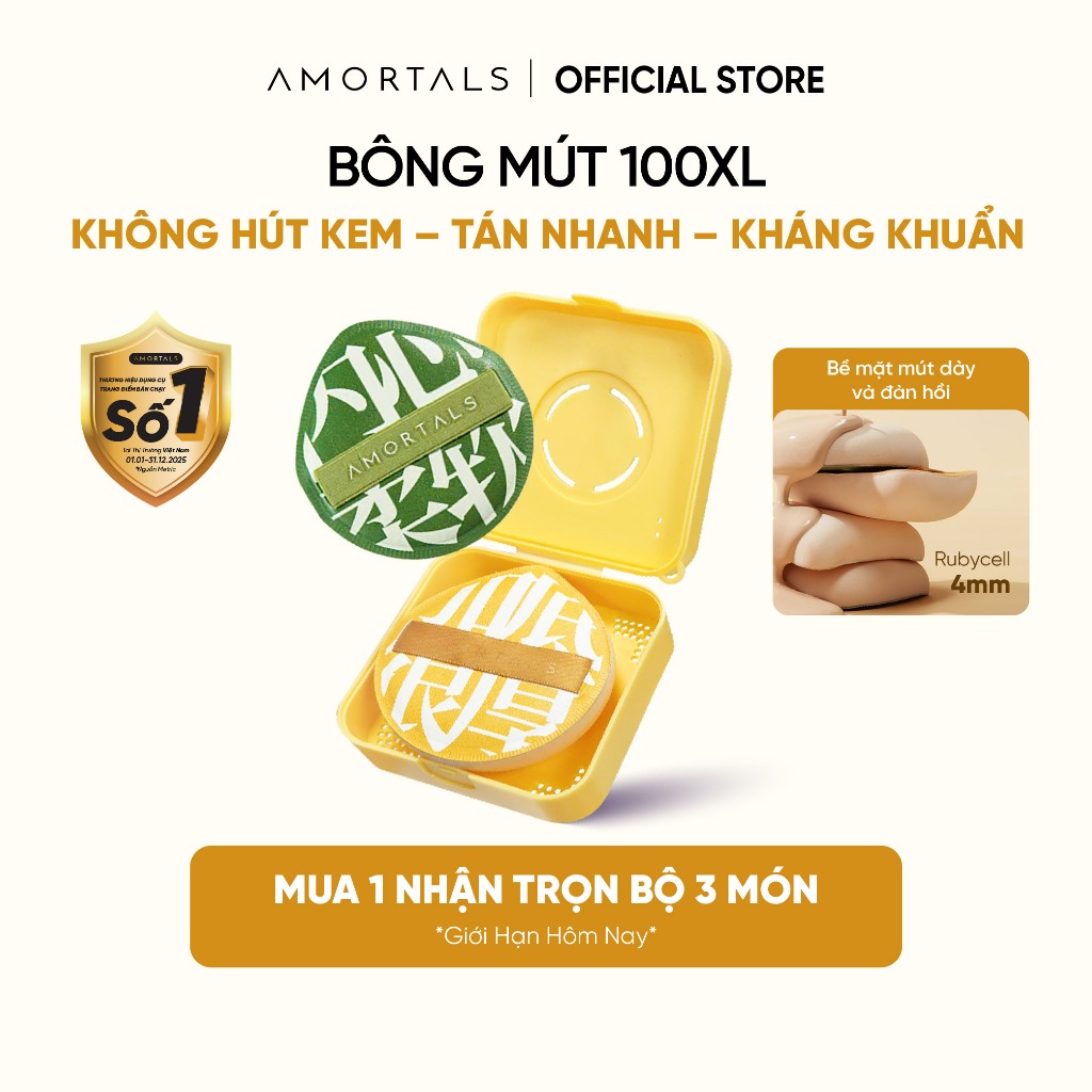 Bông Mút Trang Điểm 100 Amortals, Dày 4MM Đàn Hồi Cao, Tăng Khả Năng Che Phủ, Giúp Lớp Nền Mịn Mướt, Kèm Hộp Bảo Quản