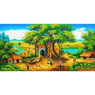 Tranh Dán Tường 3D Đồng Quê Ruộng Lúa Chín Thơm, hình ảnh đầu làng, đường làng quen thuộc