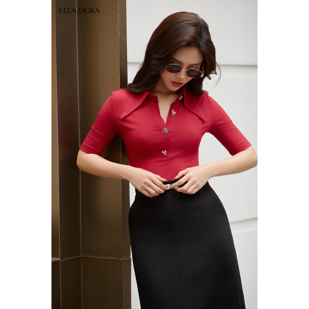 Áo thun polo ELLA DORA thiết kế cúc kim loại dáng ôm gọn thanh lịch 3 màu ĐỎ/ĐEN/TRẮNG [AT34]