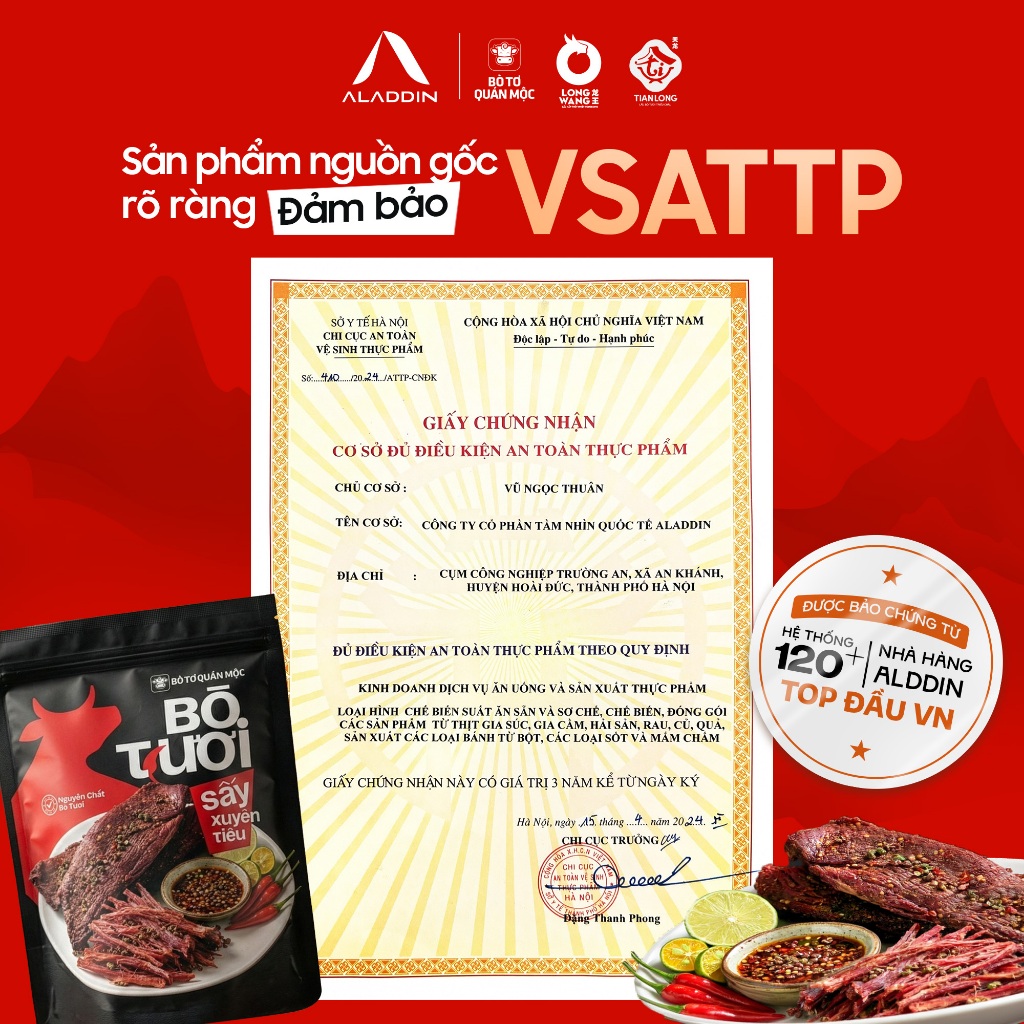 [Tặng Voucher Nhà Hàng 200k] Bò Tươi Sấy Xuyên Tiêu Aladdin 200g - Sợi Bò Dai Mềm, Vị Cay Tê Tứ Xuyên