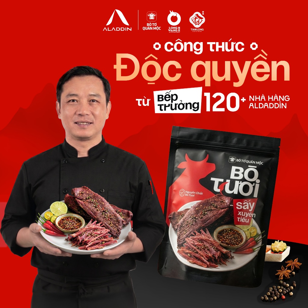 [Tặng Voucher Nhà Hàng 200k] Bò Tươi Sấy Xuyên Tiêu Aladdin 200g - Sợi Bò Dai Mềm, Vị Cay Tê Tứ Xuyên