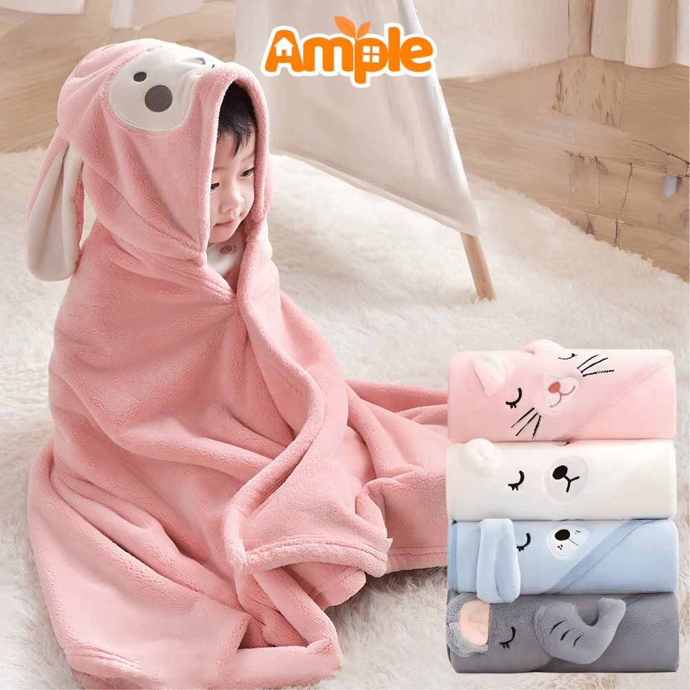 Khăn Tắm Choàng Có Mũ Đội Hình Thú AMPLE, Áo Choàng Ủ Lông Cotton Mềm Mịn, Thấm Hút Nước Cho Bé