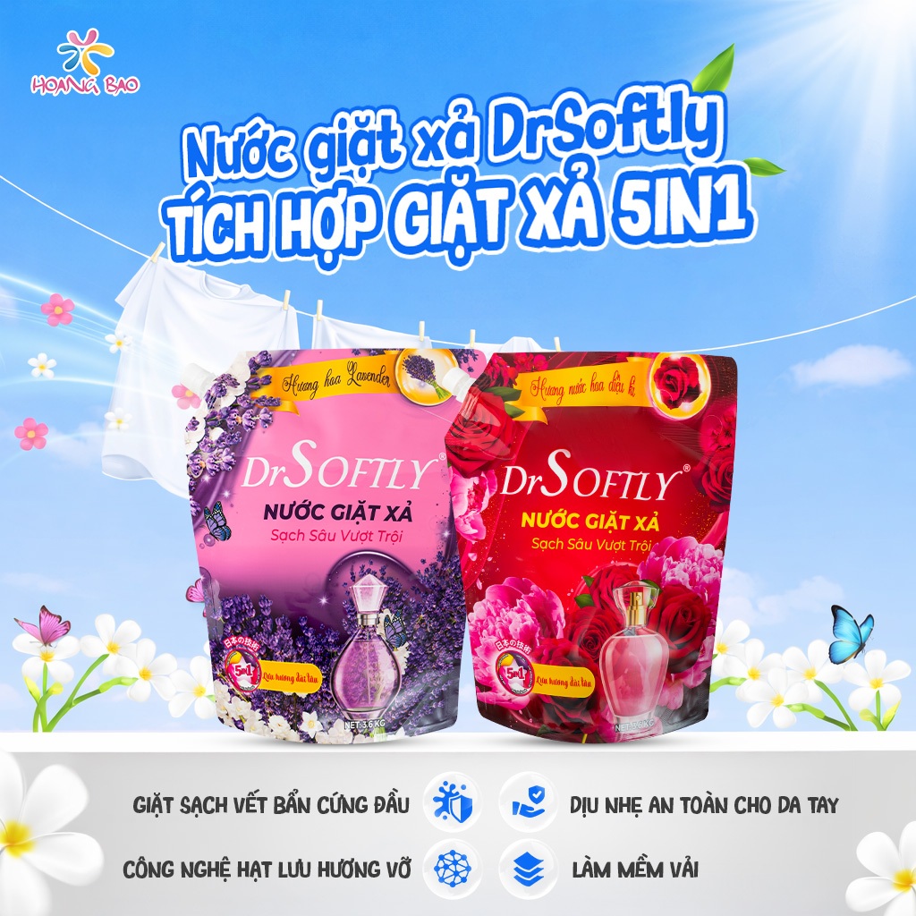 Nước giặt xả Drsoftly túi nhỏ 350g sạch sâu x4, tiện lợi mang đi du lịch