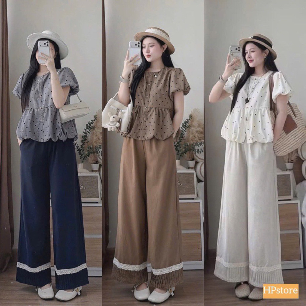 LM5- (DAEL mở bán) Sét bộ thiết kế dáng bí phồng chấm bi, quần ống rộng viền ren (40-58kg)