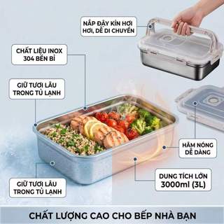 Hộp đựng thực phẩm inox cao cấp 3L, hộp kín hơi chống tràn, giữ tươi đồ ăn, dùng cho tủ lạnh và mang đi